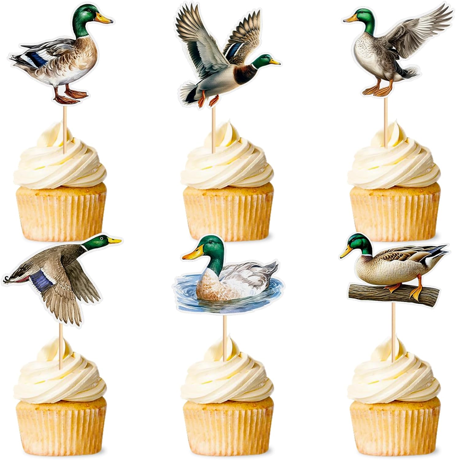 24Pcs Duck Hunting Cupcake Toppers Mallard Cupcake Picks for Duck Baby Shower Marllad Boys Girls Birthday Cupcake Decorations Wild Duck Hunting Animal Party Decorations