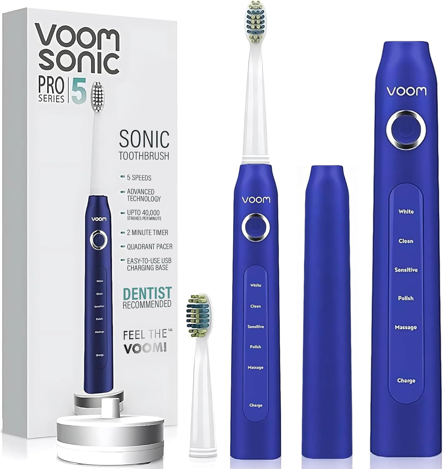 Voom Sonic Pro 5 Series Rechargeable Electronic Toothbrush, Dentist Recommended, Advanced Oral Care, 2 Minute Timer with Quadrant Pacing, 5 Adjustable Speeds, Soft Dupont Nylon Bristles, Blue