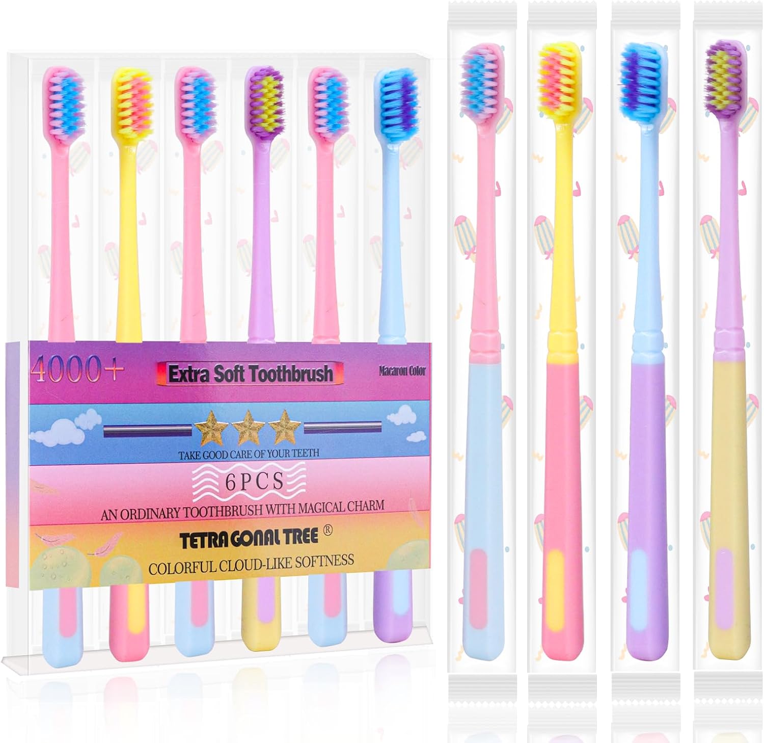 6 Pieces Individually Wrapped Extra Soft Toothbrush for Sensitive Teeth & Gums - Gum Care Toothbrush with 4000 Ultra-Soft Bristles, Compact Small Head (Macaron Color)