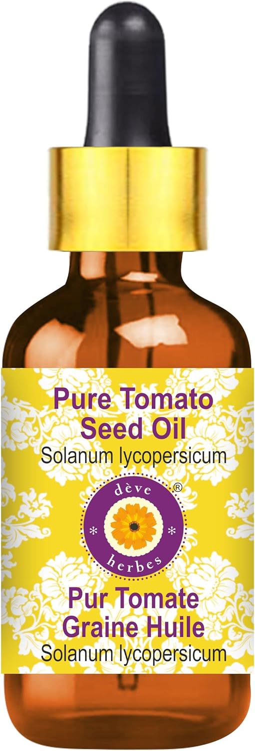 Deve Herbes Tomato Seed Oil (Solanum lycopersicum) with Glass Dropper | Cold Pressed | Pure | Natural | For Diluting Essential oils | For Skin & Massage | Non-Sticky| Lightweight| Unisex | 30ml (1 oz)