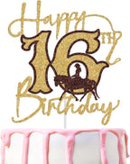 Western Happy 16th Birthday Cake Topper, Cowgirl 16th Birthday Party Decorations, Western Cowgirl Themed Cake Decoration, Cheers to 16 Years Birthday Decor Gold Glitter