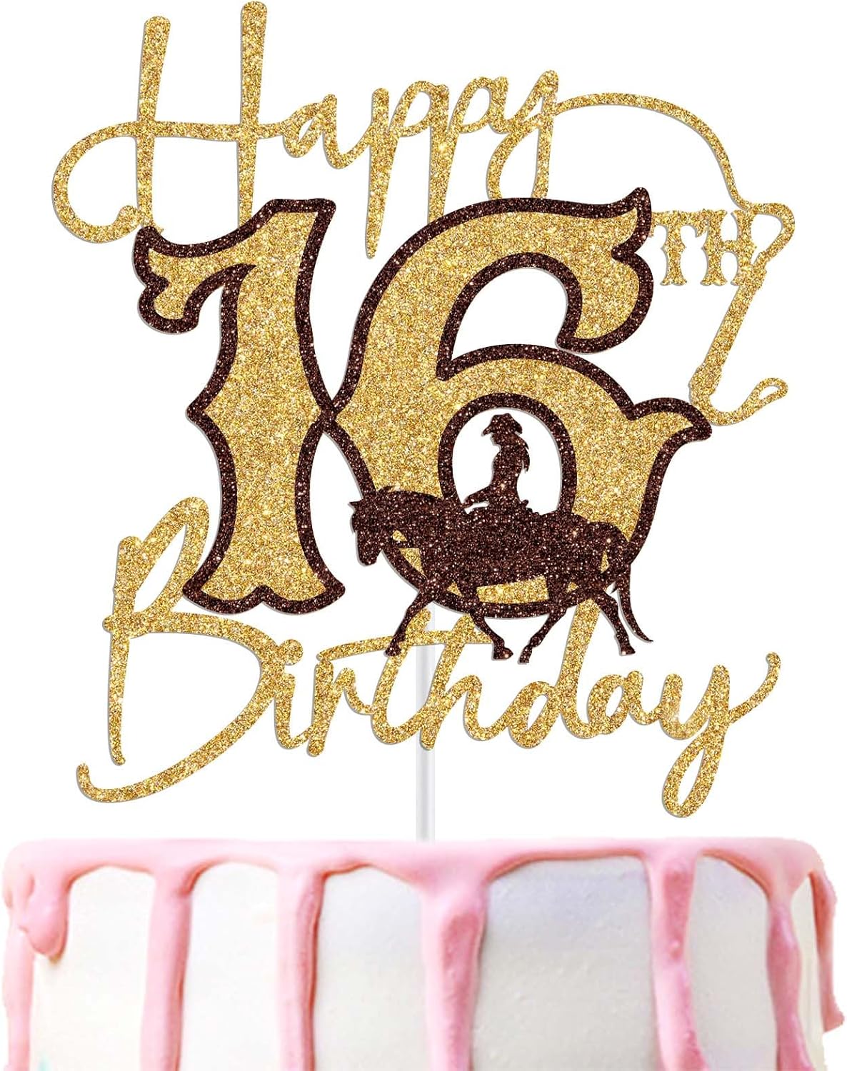 Western Happy 16th Birthday Cake Topper, Cowgirl 16th Birthday Party Decorations, Western Cowgirl Themed Cake Decoration, Cheers to 16 Years Birthday Decor Gold Glitter