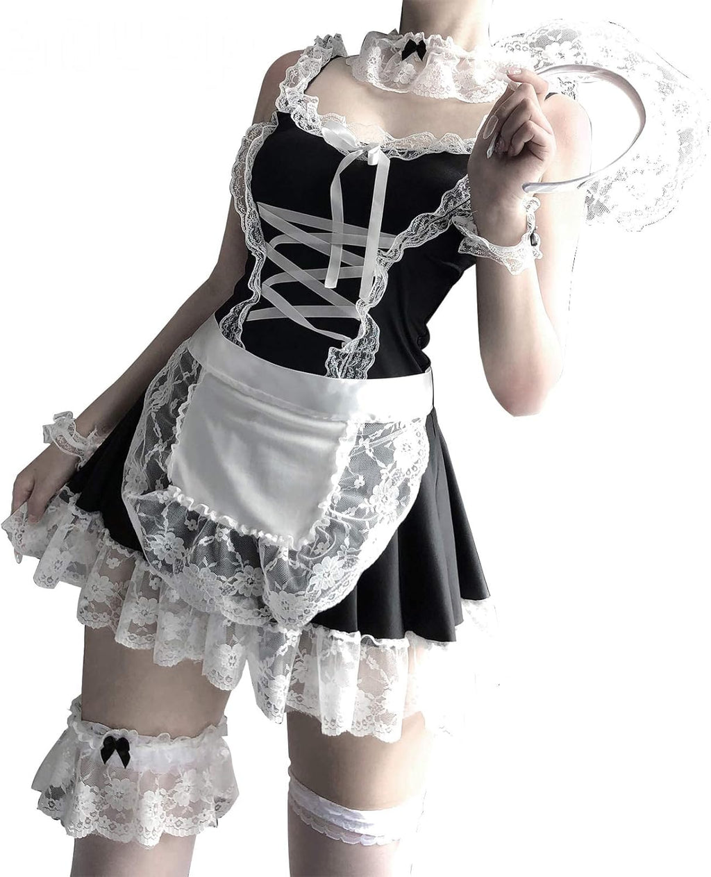 mzenuop Maid Dress Cosplay Sweet Classic Apron Costume with Socks