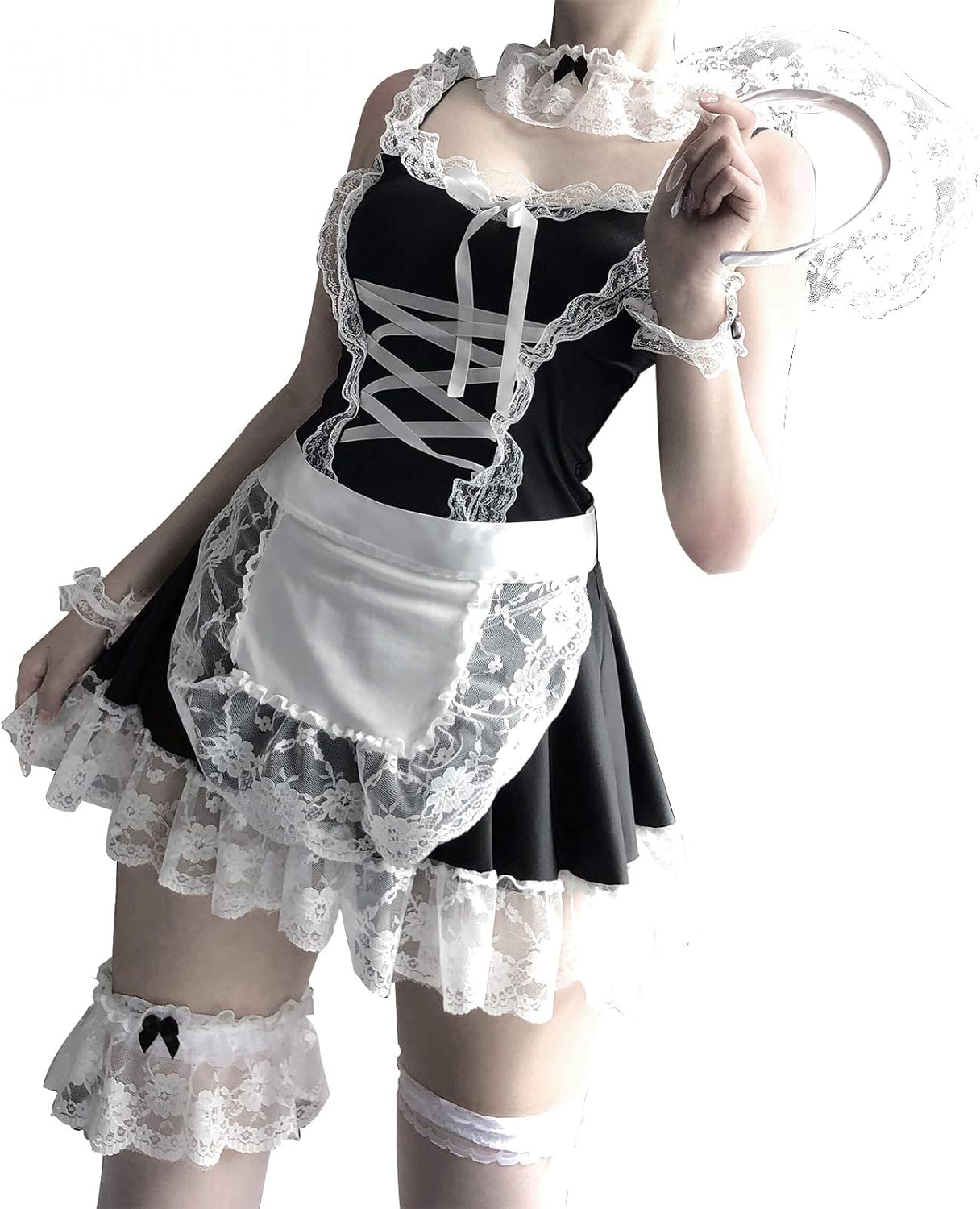 mzenuop Maid Dress Cosplay Sweet Classic Apron Costume with Socks