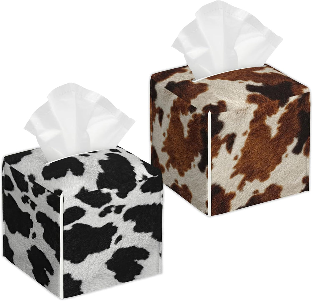 Black White Cow Print Leather 2 Pcs Tissue Box Cover Square Leather Tissue Case Holder Facial Paper Organizer Decorative for Bathroom Kitchen Car Office Home Decor