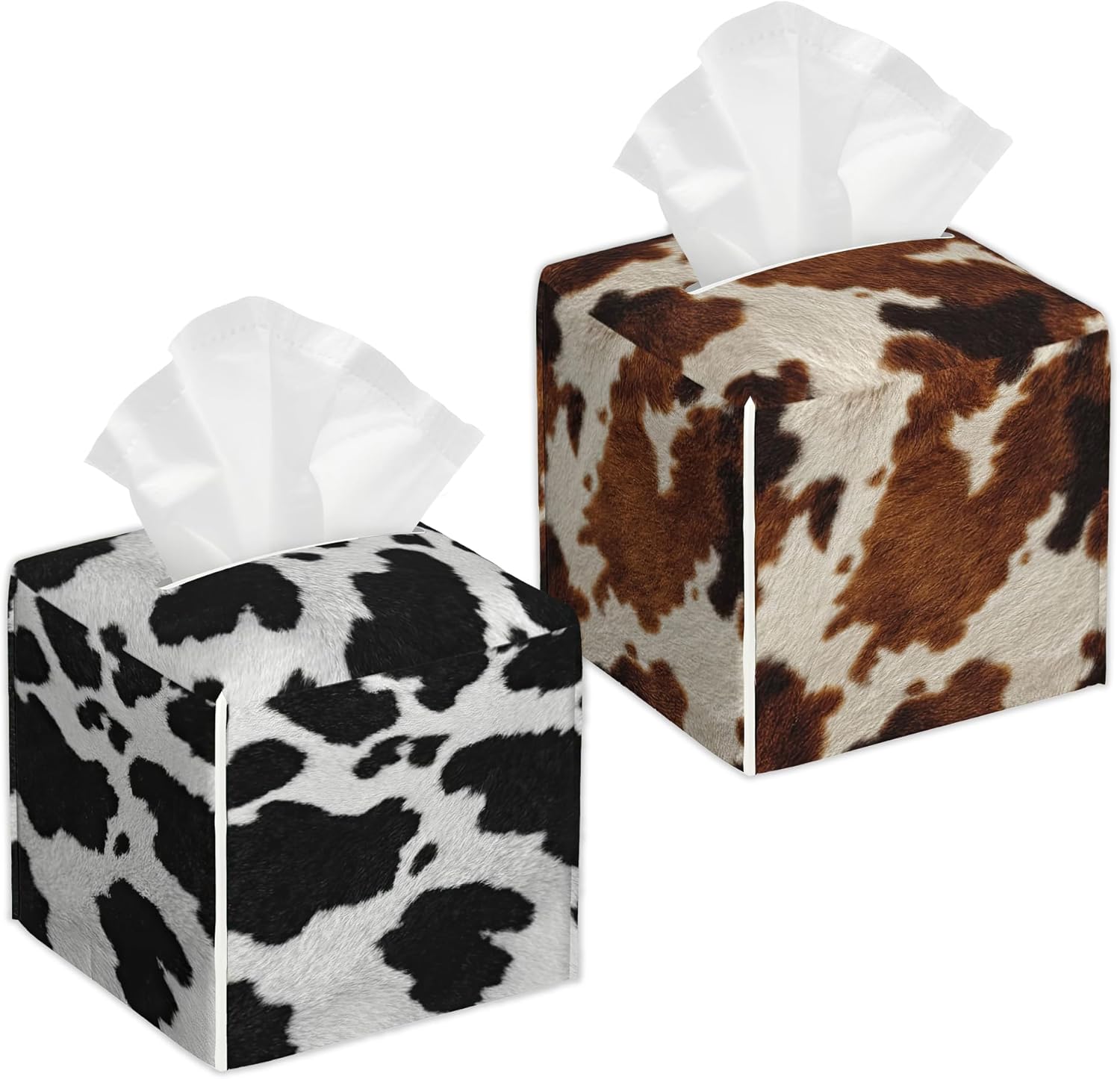 Black White Cow Print Leather 2 Pcs Tissue Box Cover Square Leather Tissue Case Holder Facial Paper Organizer Decorative for Bathroom Kitchen Car Office Home Decor