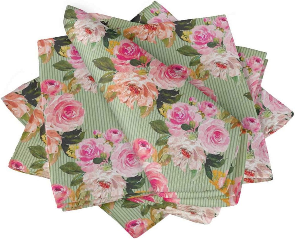 S4Sassy Green Stripe & Ranunculus Floral Holiday Parties Cloth Table Linen Re-Usable Dinner Napkins Set 18 x 18(Pack of 6)