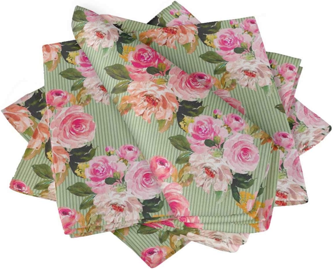 S4Sassy Green Stripe & Ranunculus Floral Holiday Parties Cloth Table Linen Re-Usable Dinner Napkins Set 18 x 18(Pack of 6)