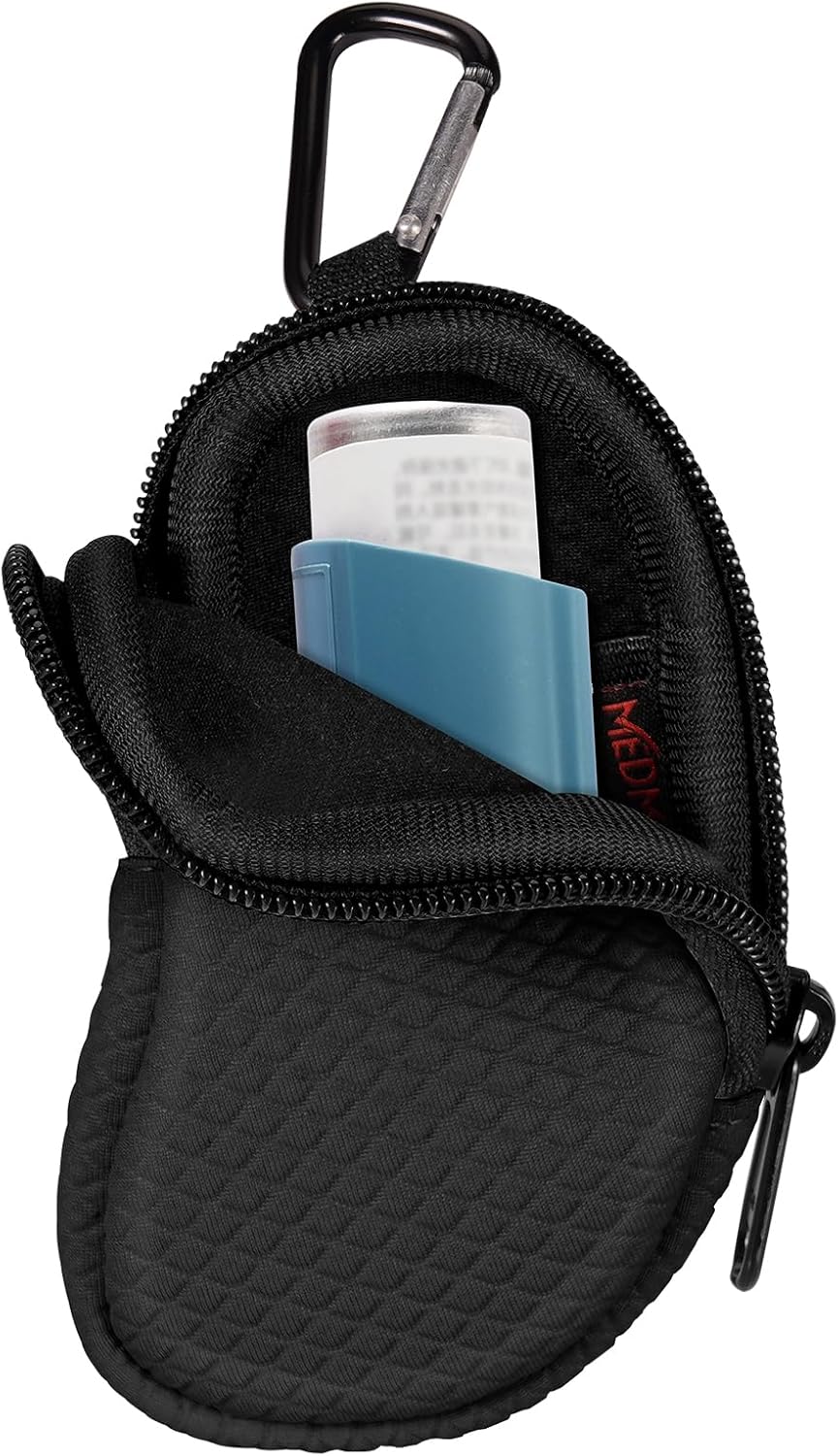 MEDMAX Neoprene Asthma Inhaler Holder, Protective Portable Travel Handy Holster, Lightweight Carrying Case with Carabiner Clip and Mesh Pocket Inside, Inhaler Not Included (Case Only) (Black)