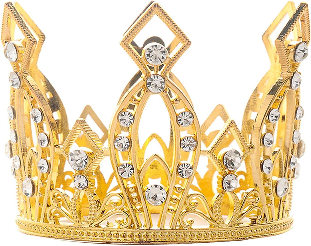 Mini Crown Cake Topper Princess and Prince Crystal Headpiece Tiara Rhinestone Crown Cake Decoration for Wedding Birthday Baby Shower Party Favors (Golden)