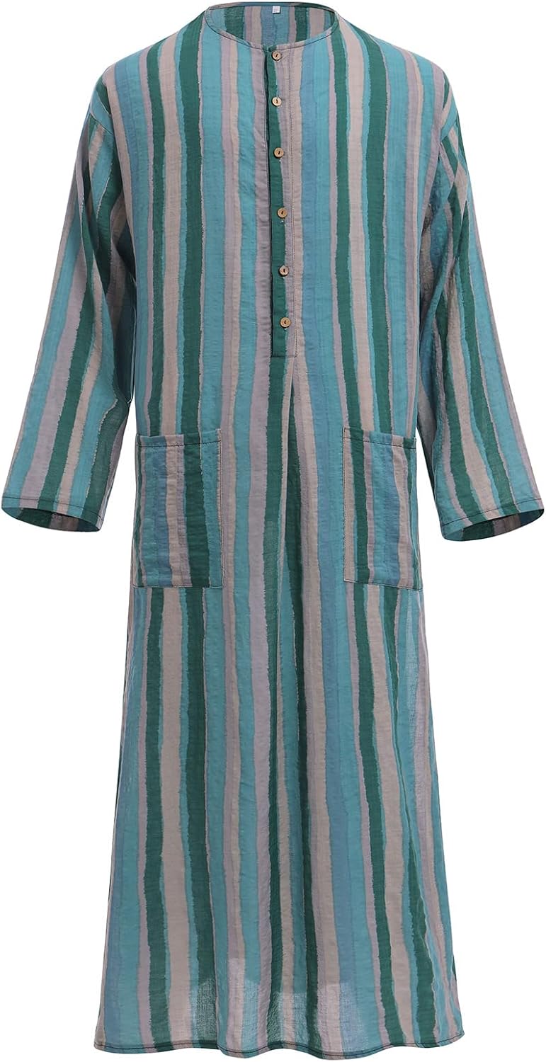 IDOPIP Men's Muslim Thobe Long Sleeve Striped Robe Gown Arab Islamic Kaftan Abayas Dress Middle East Dubai Ramadan Clothing
