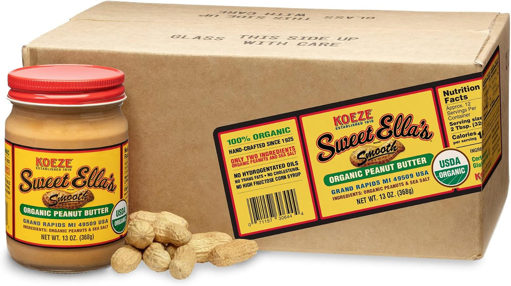 Koeze Sweet Ella’s Organic Peanut Butter Smooth – USDA Organic Spanish Peanuts, Natural Peanut Butter with Sea Salt, No Added Sugar or Oils, Small Batch Peanut Butter, 13 oz Jar (Pack of 6)