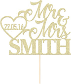 Personalized Wedding Cake Toppers Decoration Favours Customised Gifts for Couple Double Sided Glitter Paper Any Name Date Champagne Gold