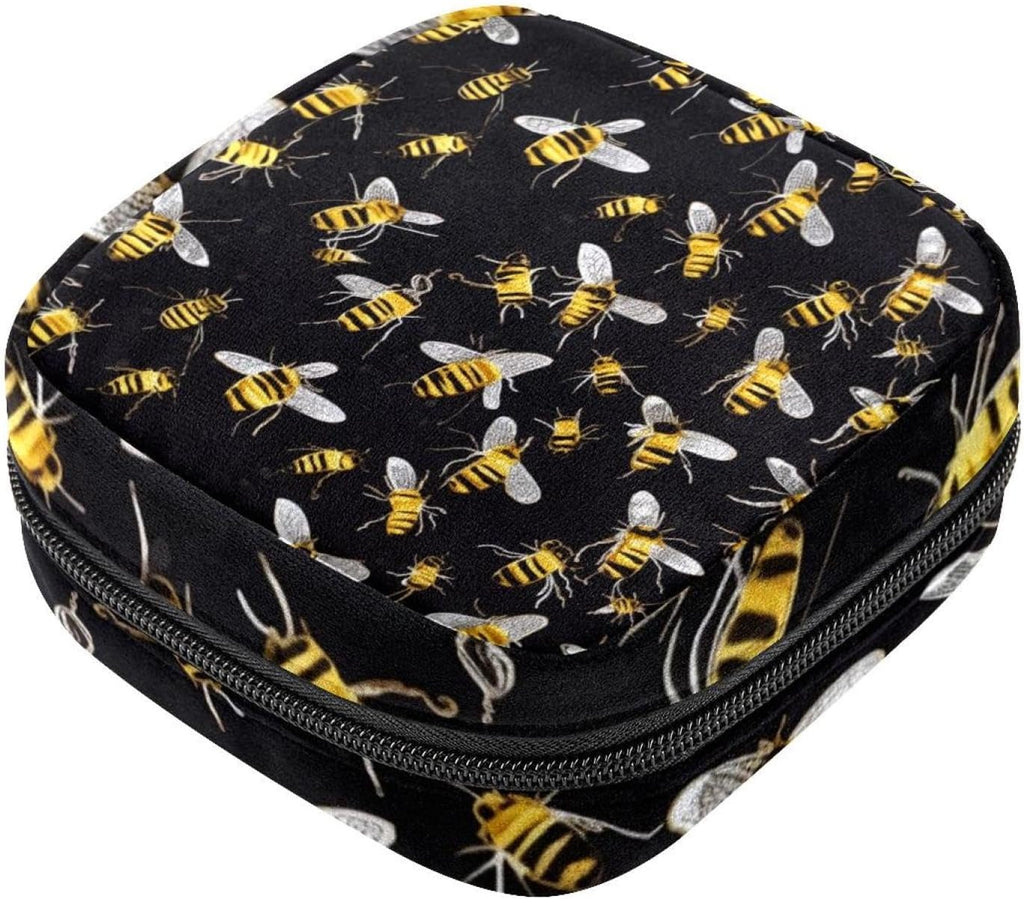 Sanitary Napkin Storage Bag,Period Bag,Pad Bag,Bees Black Background,Period Pouch