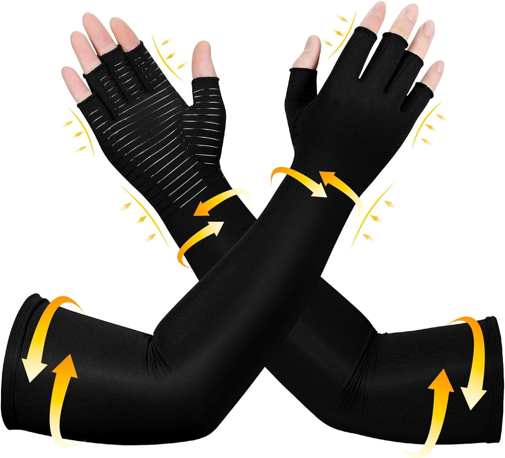 Long Copper Compression Arthritis Gloves for Women & Men, Medical Arm & Hand Compression Gloves, Fingerless Pressuse Gloves, Hand Support Sleeves for Carpal Tunnel, Lymphedema, Hand Pain, Edema