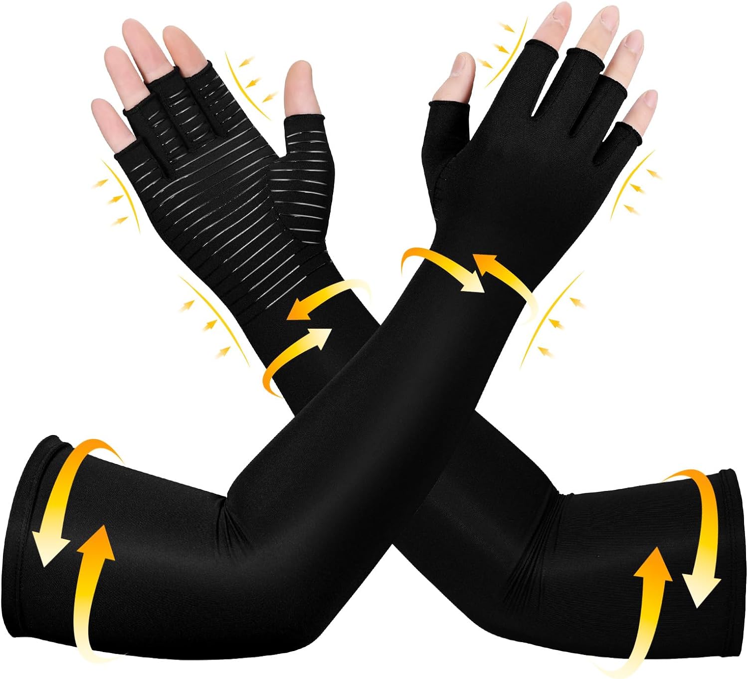 Long Copper Compression Arthritis Gloves for Women & Men, Medical Arm & Hand Compression Gloves, Fingerless Pressuse Gloves, Hand Support Sleeves for Carpal Tunnel, Lymphedema, Hand Pain, Edema