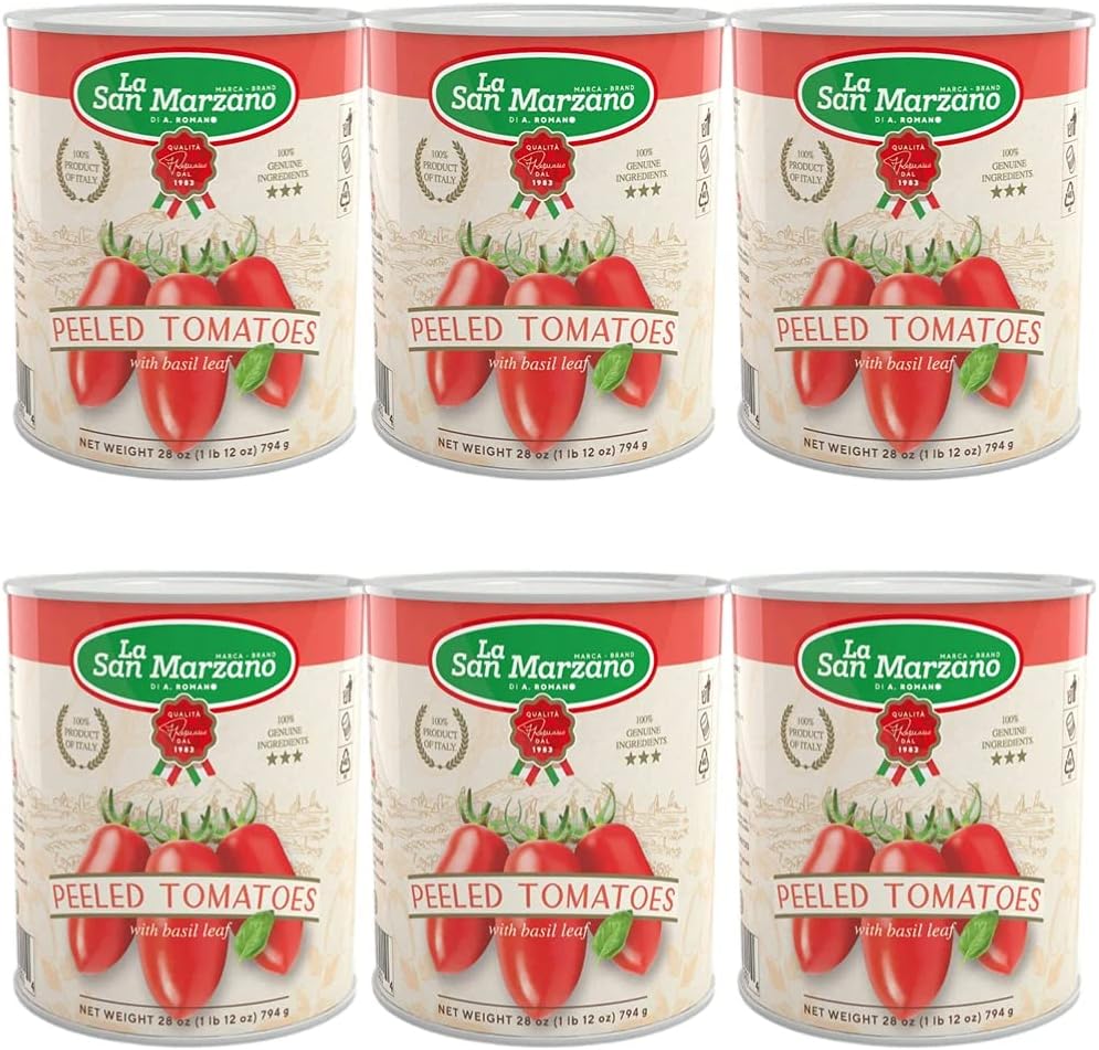 La San Marzano 6 Pack, Italian Whole Peeled Tomatoes in Puree with Basil, Non- dop, Packed in San Marzano, Product of Italy, 6 x 28 Oz can, Packed in San Marzano Region of Italy by La Regina