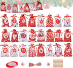 Christmas Bags, 24 Days Hanging Countdown Calendar Bags, 24 Pieces Christmas Drawstring Gift Bags, Reusable Fabric Gift Bags for Filling for DIY Decorations (Red)