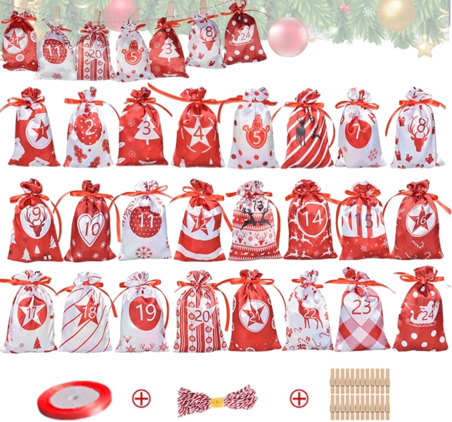 Christmas Bags, 24 Days Hanging Countdown Calendar Bags, 24 Pieces Christmas Drawstring Gift Bags, Reusable Fabric Gift Bags for Filling for DIY Decorations (Red)