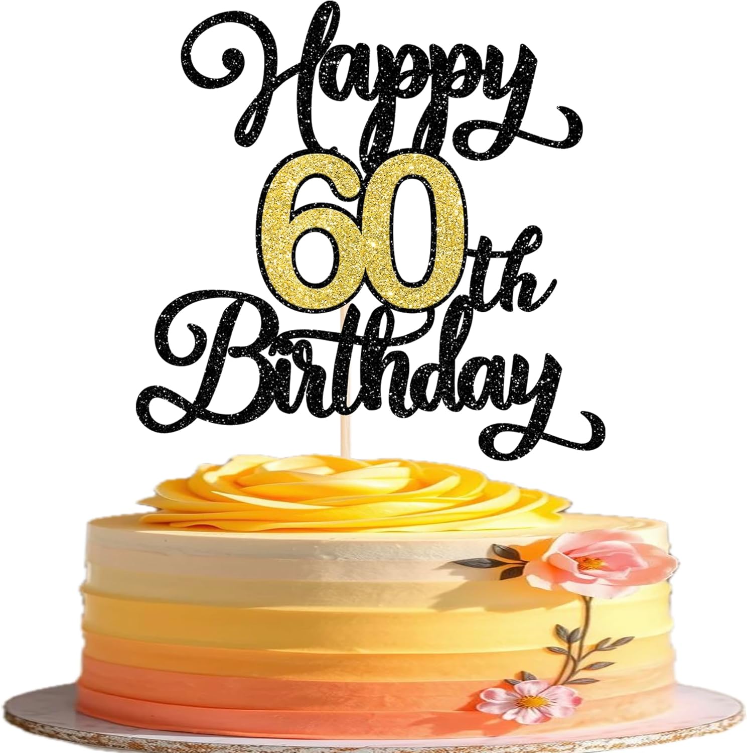 Rsstarxi 1 Pack Happy 60th Birthday Cake Topper Black Gold Glitter Cheers to 60 Years Birthday Sign Cake Pick Hello 60 Theme Cake Decorations for Fabulous Sixty Birthday Party Cake Decorations