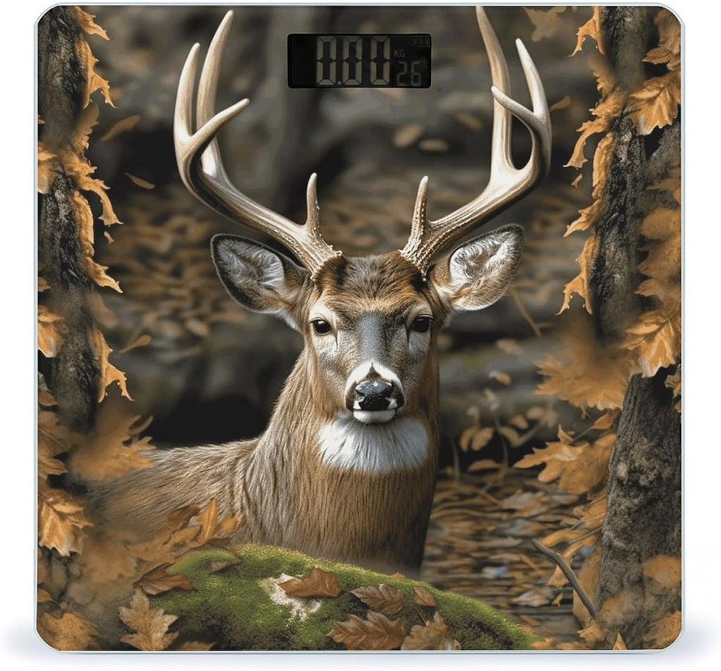 Camouflage Deer Scale for Body Weight Highly Accurate Digital Bathroom Body Scale Bright LCD Display & Large Clear Numbers Tempered Glass Safe Rounded Corners for Home Use