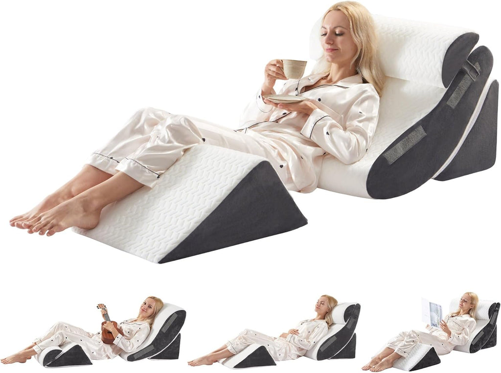 4PCS Orthopedic Bed Wedge Pillow Set for Sleeping, Post Surgery Foam Support Pillows for Back, Neck and Leg Pain Relief, Adjustable Triangle Pillow – Acid Reflux, GERD & Snoring Recovery, White Grey