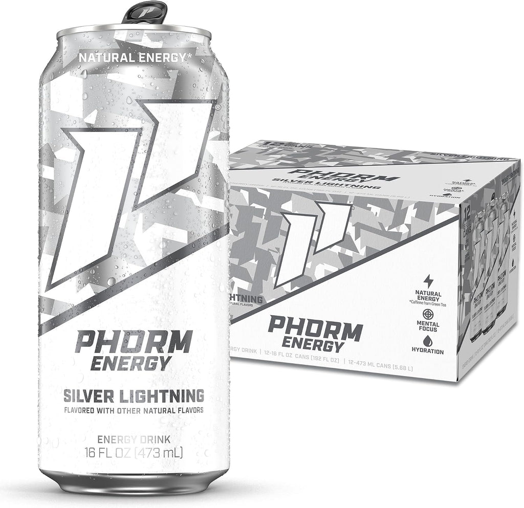 Phorm Energy Drink, Silver Lightning Flavor, 200 MG Natural Caffeine From Green Tea, Sugar Free Carbonated Drink With Electrolytes & Vitamin B12, Dairy & Gluten Free, Vegan, 16 FL Oz Cans, 12 Pack