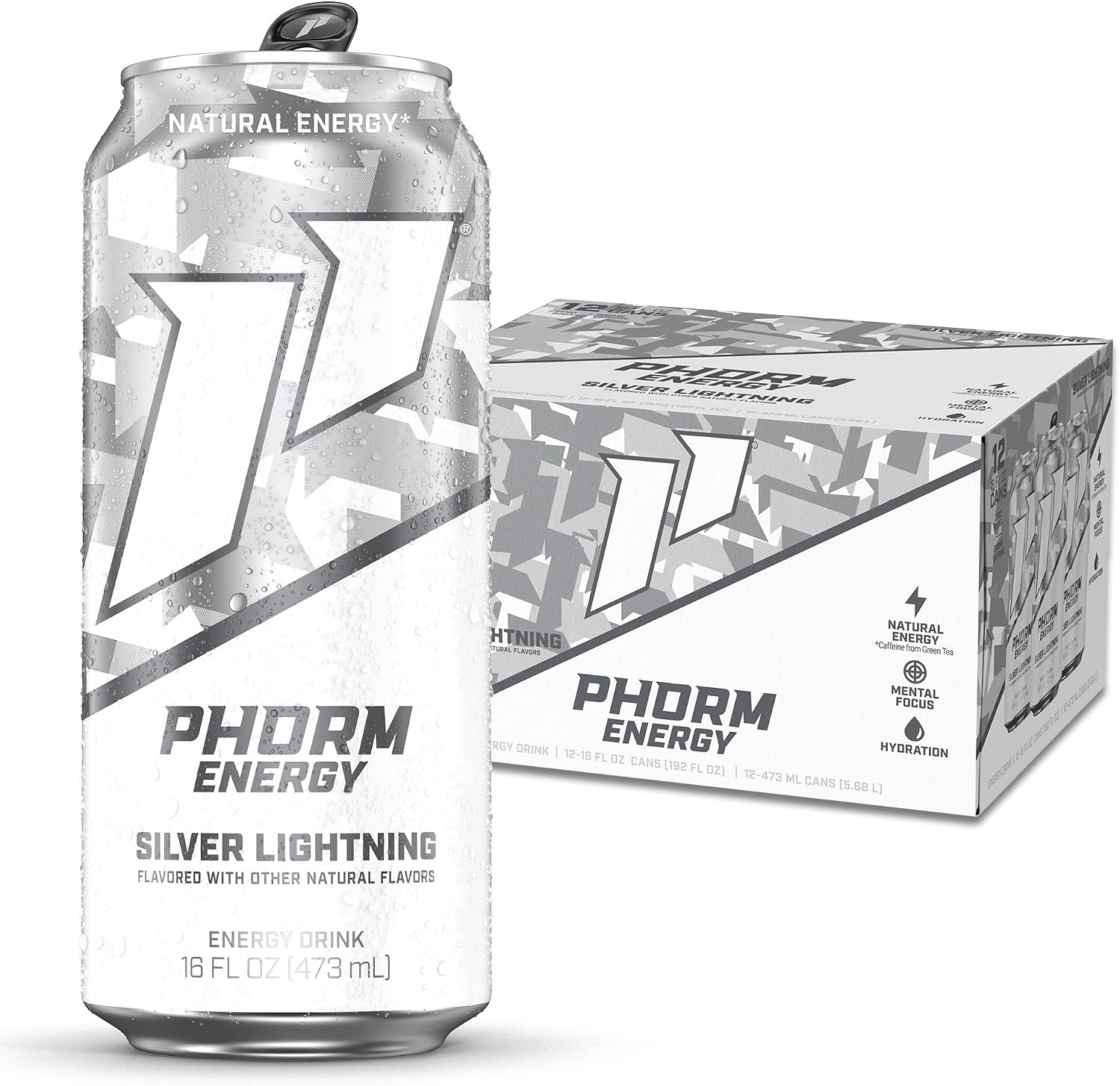 Phorm Energy Drink, Silver Lightning Flavor, 200 MG Natural Caffeine From Green Tea, Sugar Free Carbonated Drink With Electrolytes & Vitamin B12, Dairy & Gluten Free, Vegan, 16 FL Oz Cans, 12 Pack