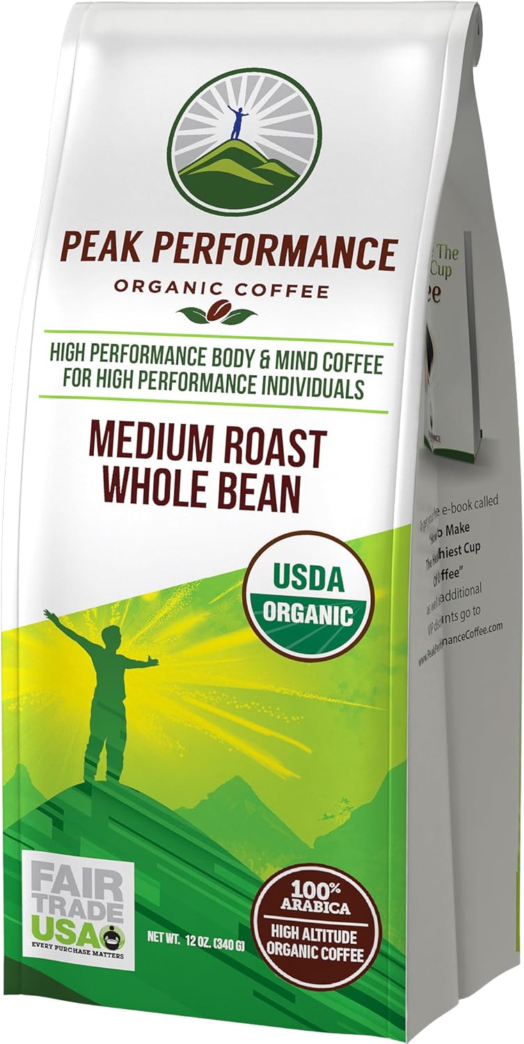 Peak Performance High Altitude Organic Coffee - Fair Trade, Low Acid, Non GMO, and Beans Full of Antioxidants - Medium Roast Smooth Tasting USDA Certified Organic Whole Bean Coffee Bag 12 oz