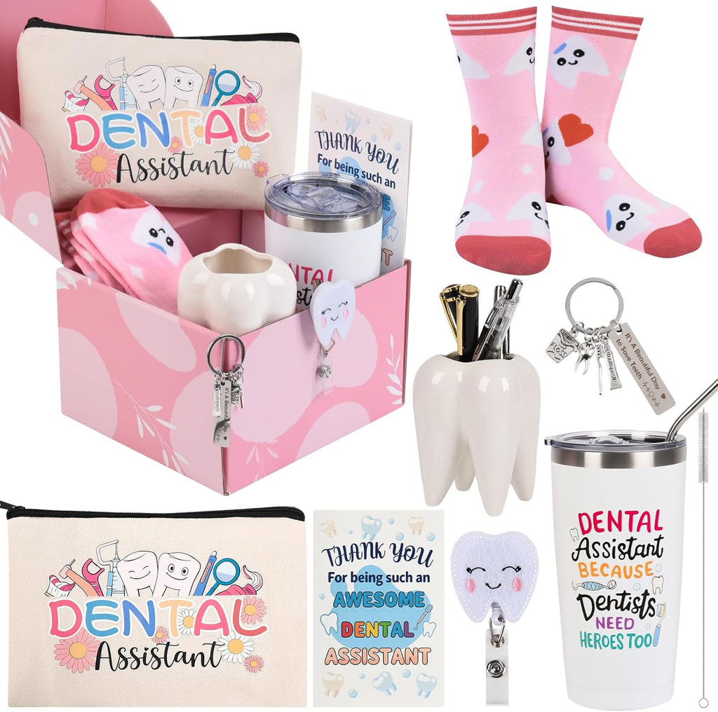 Dental Assistant Gifts for Women Unique Dental Gifts Funny Dentist Gift Including Tumbler Mug Socks Badge Reel Holder Makeup Bag Keychain for Birthday Christmas