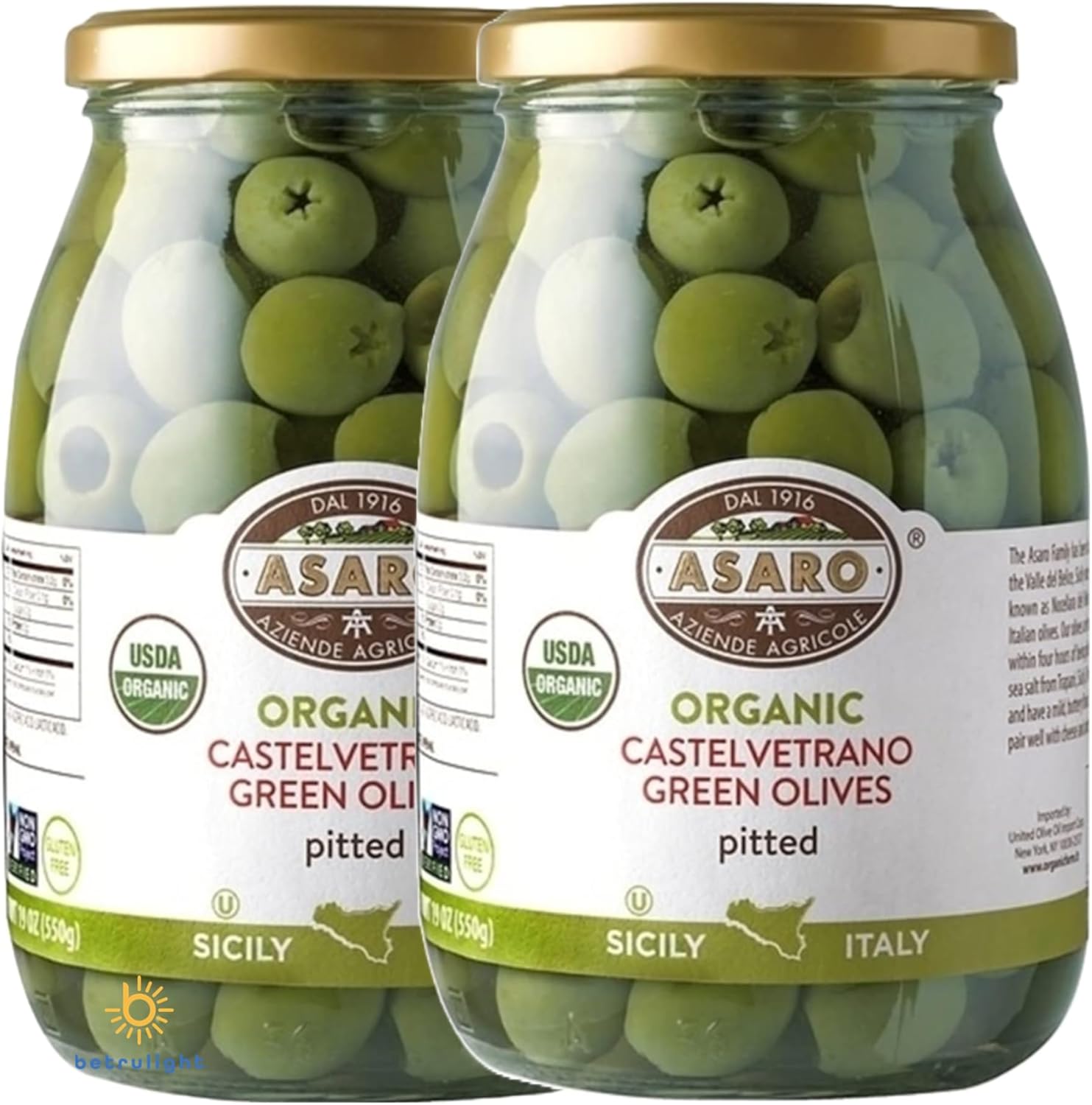 Organic Olives |ASARO Organic Castelvetrano Green Pitted Olive Is GMO FREE, GLUTEN FREE, VEGETARIAN, VEGAN & Keto Friendly Olives Good for Healthy Snacks On the Go, Salad and Cocktails Bundled with BETRULIGHT Fridge Decal - 19 OZ Glass Jar ( Pack of 2 )