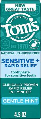 Tom’s of Maine Rapid Relief Plus Sensitive Toothpaste, Fluoride Free, 4.5 Oz, Sensitive Teeth Toothpaste, Clinically Proven, Enamel Safe, Builds Arginine and Calcium Shield Around Teeth, Gentle Mint