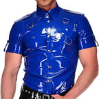 Latex Shirt with Buttons On The Front, Turn-Down Collar, Short Sleeves, D-Rings, Rubber Top Clothing,Blue,L