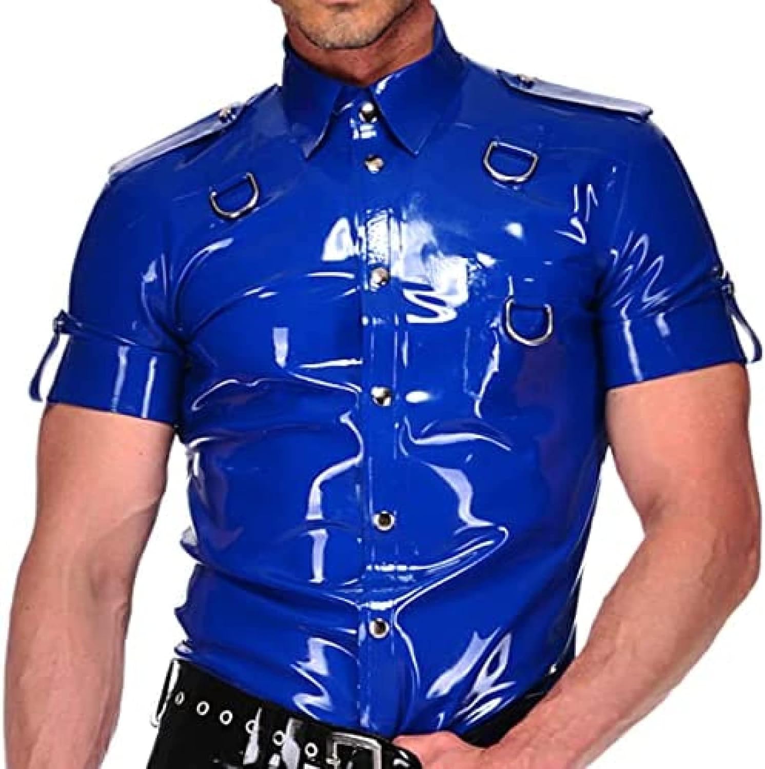 Latex Shirt with Buttons On The Front, Turn-Down Collar, Short Sleeves, D-Rings, Rubber Top Clothing,Black,L