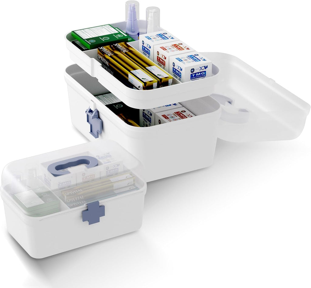 2-Pack Medicine Storage Box, Small & Large Portable Medicine Cabinet Organizer with Trays, Plastic First Aid Box Empty for Family, Medical Supply Organizer, Adult & Child Medication Separation