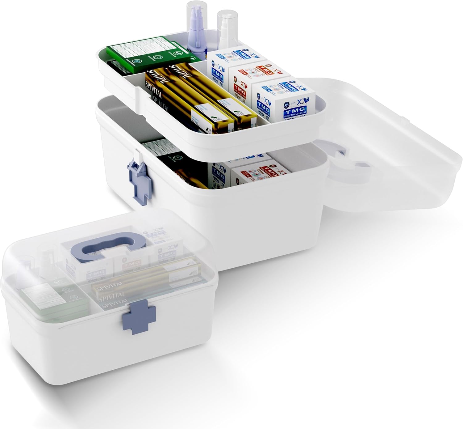 2-Pack Medicine Storage Box, Small & Large Portable Medicine Cabinet Organizer with Trays, Plastic First Aid Box Empty for Family, Medical Supply Organizer, Adult & Child Medication Separation