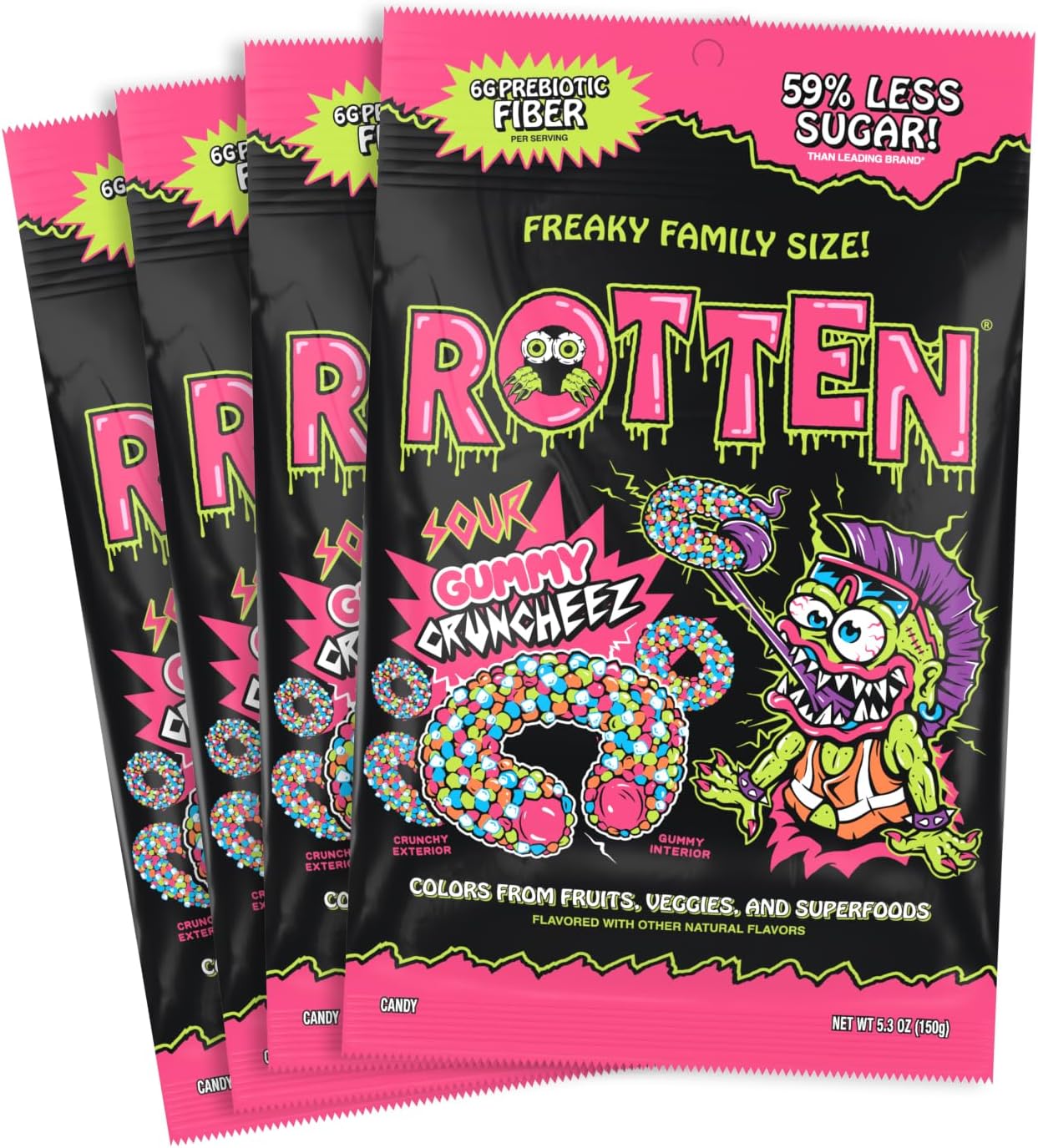 Rotten Sour Gummy Cruncheez - Low Sugar, Low Calorie, 5g Gut-Friendly Prebiotic Fiber, Gluten Free Candy, No Artificial Dyes - 5.3 oz Share Pack [4 Pack]