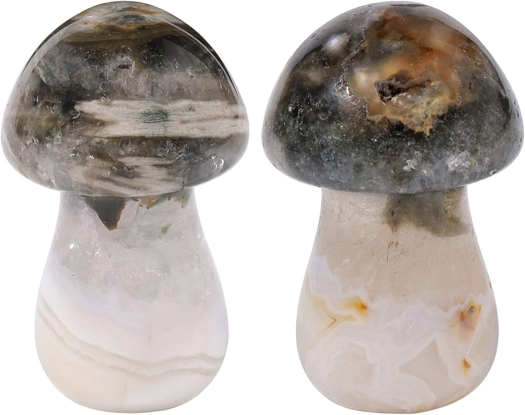 Nupuyai Pack of 2 Mini Carved Crystal Mushroom Figurine Pocket Stone for Anxiety Relax, Polished Mushroom Sculpture Decor for Garden Home, 1.3-1.5'', Ocean Jasper