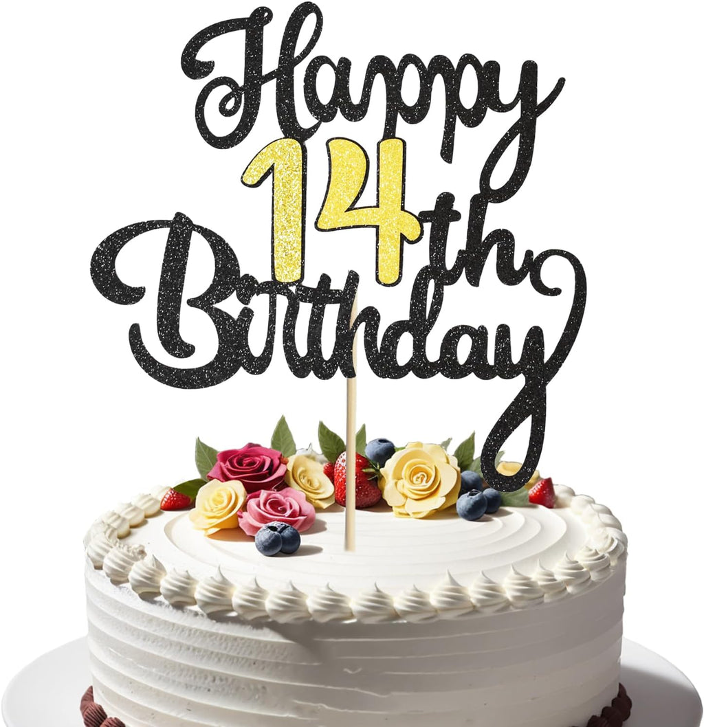 14th Happy Birthday Cake Topper, Glitter Happy 14th Birthday Cake Topper for Birthday Party Cake Decoration(Black with Gold)