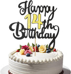 14th Happy Birthday Cake Topper, Glitter Happy 14th Birthday Cake Topper for Birthday Party Cake Decoration(Black with Gold)