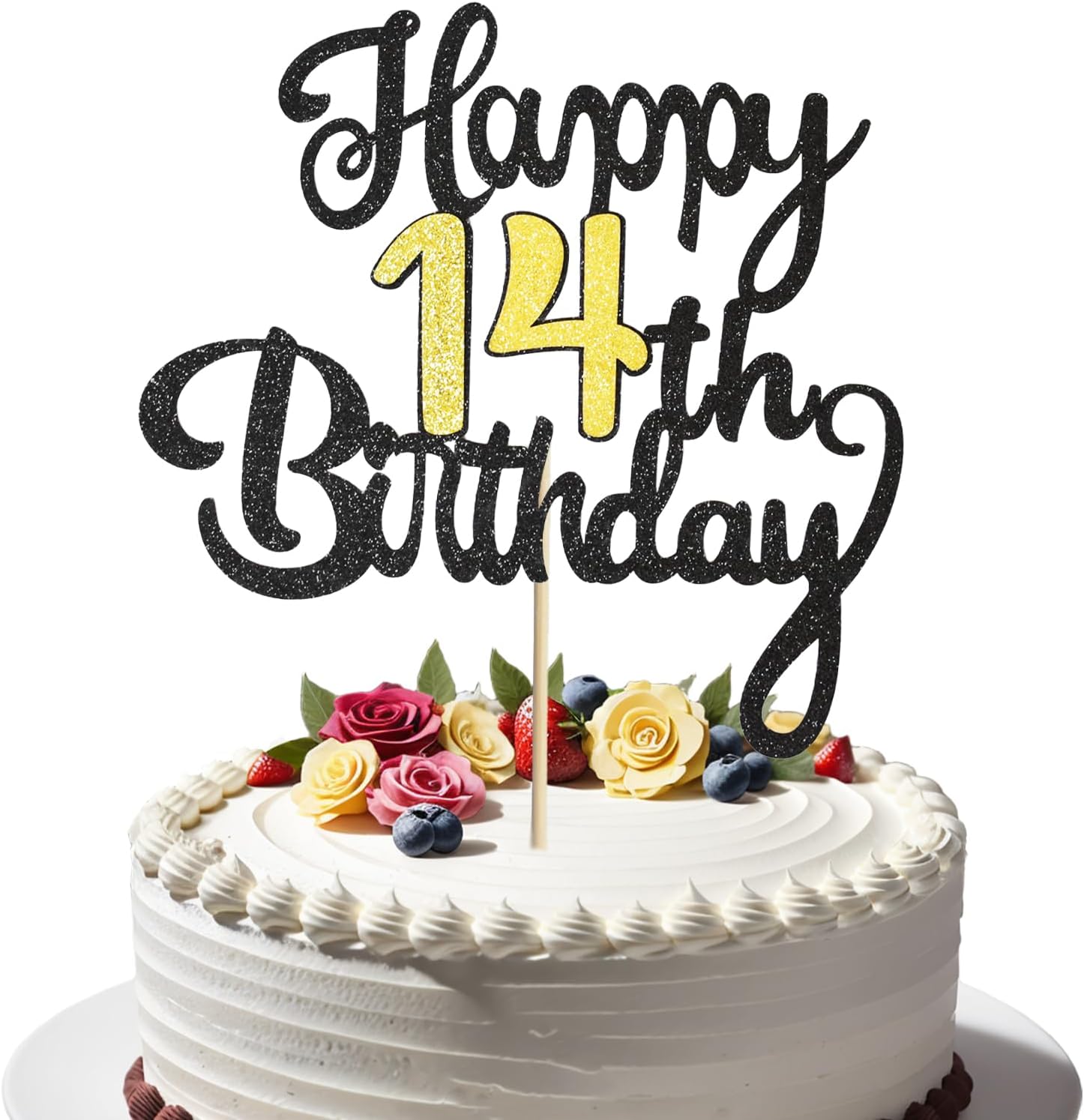 14th Happy Birthday Cake Topper, Glitter Happy 14th Birthday Cake Topper for Birthday Party Cake Decoration(Black with Gold)