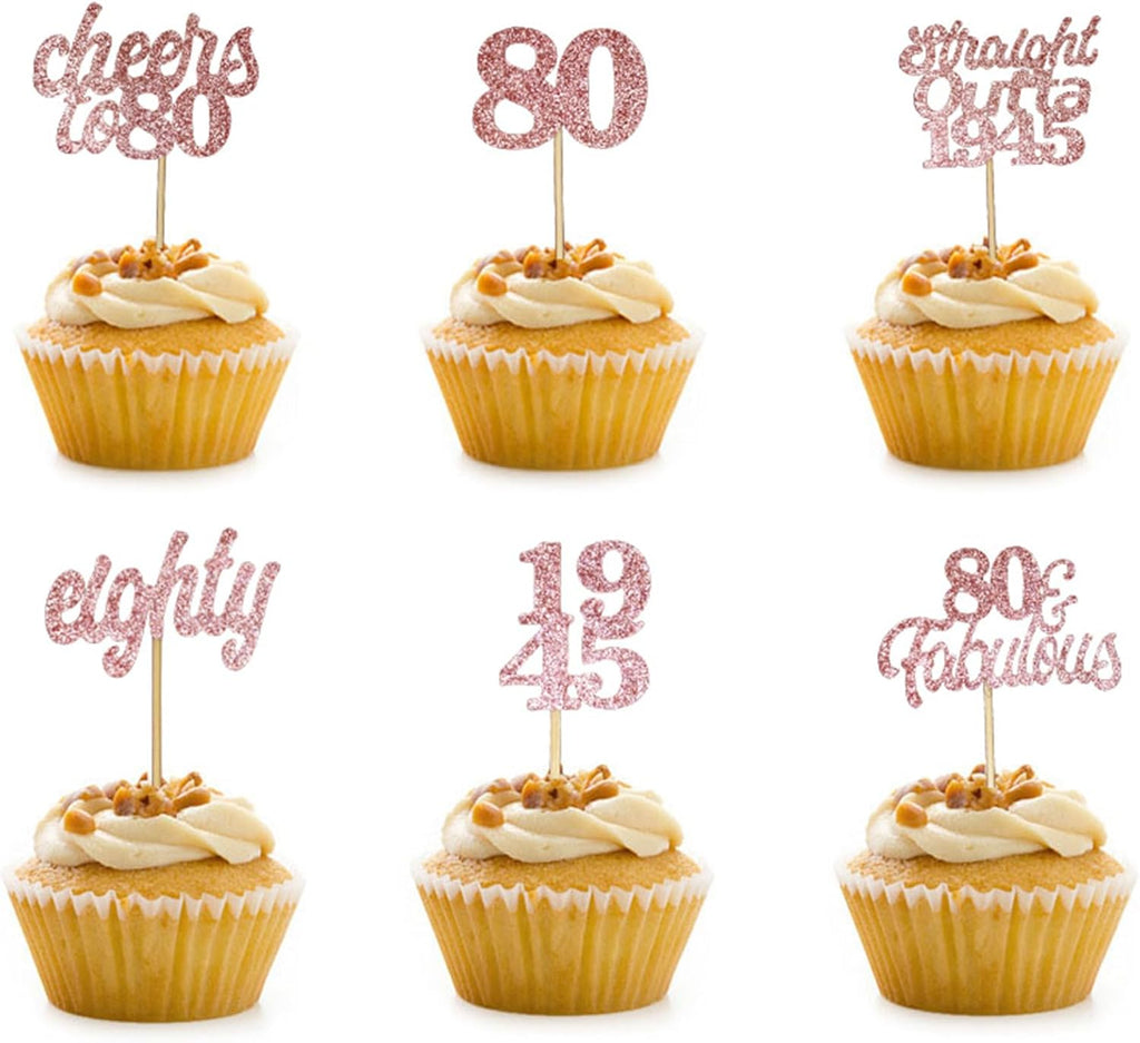 12 Pcs 80th Happy Birthday Cupcake Toppers Custom Cake Topper Rose Gold Glitter Cupcake Toppers Picks 80st Birthday Party or Boys Girls Women Men Wedding Anniversary Party Cake Decorations