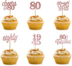12 Pcs 80th Happy Birthday Cupcake Toppers Custom Cake Topper Rose Gold Glitter Cupcake Toppers Picks 80st Birthday Party or Boys Girls Women Men Wedding Anniversary Party Cake Decorations