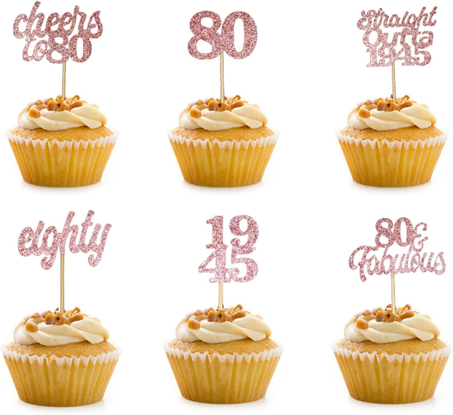 12 Pcs 80th Happy Birthday Cupcake Toppers Custom Cake Topper Rose Gold Glitter Cupcake Toppers Picks 80st Birthday Party or Boys Girls Women Men Wedding Anniversary Party Cake Decorations