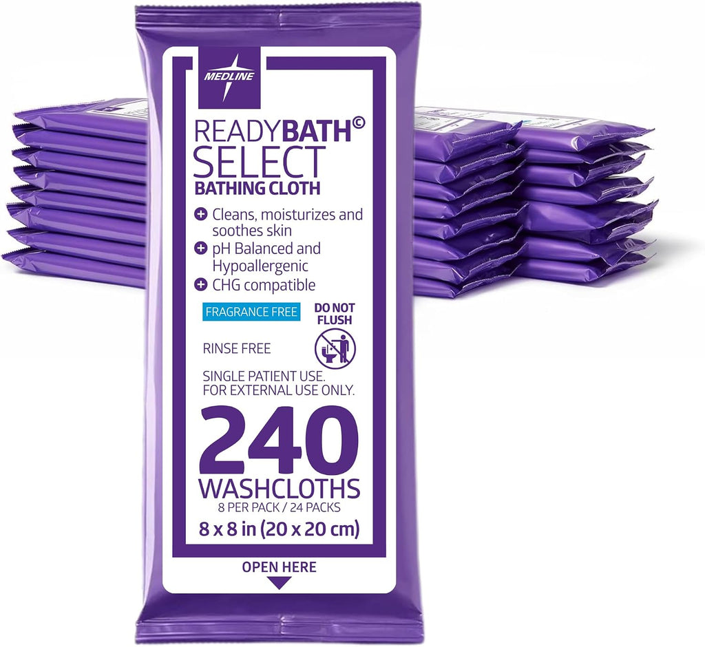 Medline Readybath Body Wipes, Shower and Bath for Adults, No Rinse Disposable Washcloths, Extra Thick, Hypoallergenic, Alcohol-Free, Aloe-Infused, Unscented, 240 Count (30 Packs), 8x8 Inch