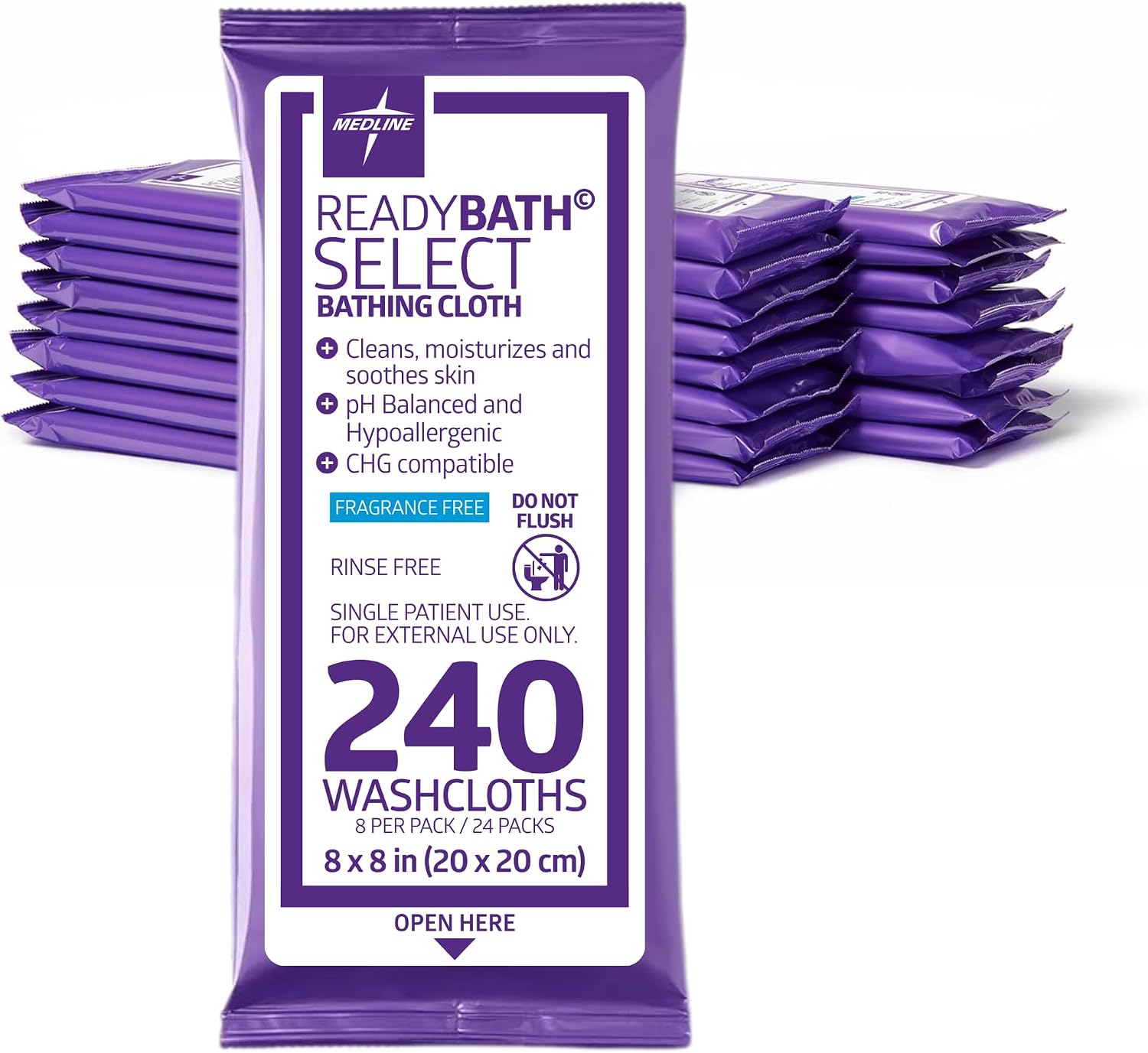 Medline Readybath Body Wipes, Shower and Bath for Adults, No Rinse Disposable Washcloths, Extra Thick, Hypoallergenic, Alcohol-Free, Aloe-Infused, Unscented, 240 Count (30 Packs), 8x8 Inch