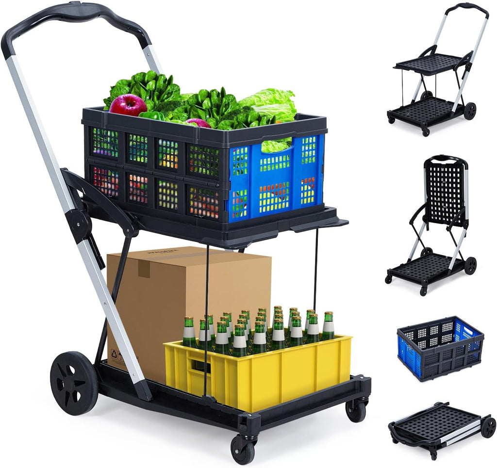 2-Tier Foldable Shopping Trolley - 2 Tier Folding Grocery Carts (198 LB Capacity), Portable Grocery Cart with Wheels & Removable Crate (Blue)