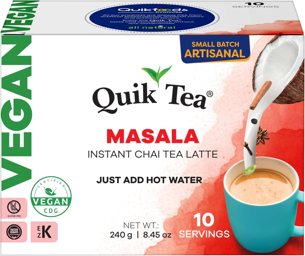 QuikTea Vegan Masala Chai Tea Latte – 10 Count, Bold Masala Flavor, Naturally Caffeine-Light, No Preservatives – Just Add Hot Water