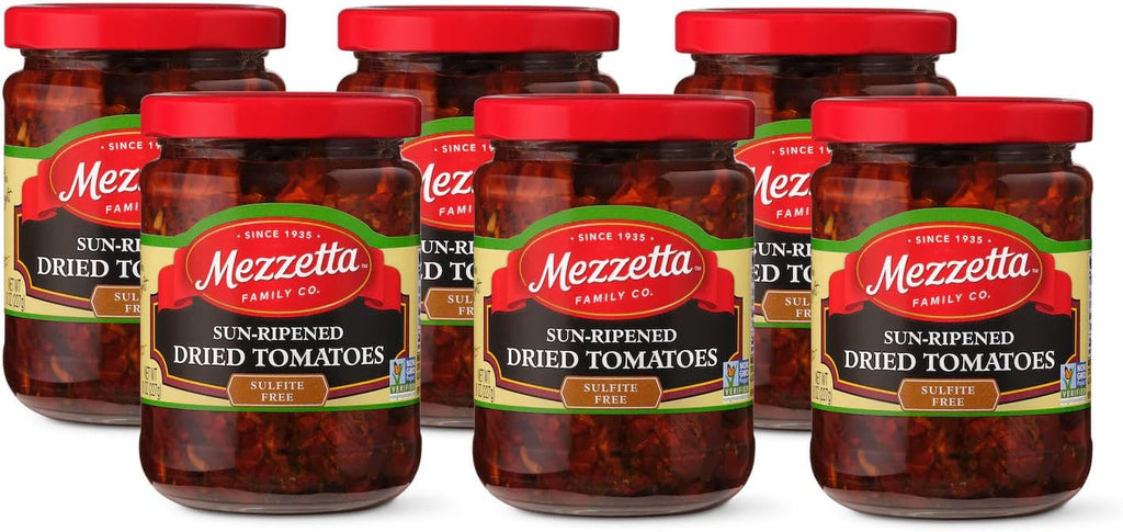 Mezzetta Sun Dried Tomatoes in Olive Oil - Sundried Tomatoes Made With Fresh California Tomato - Non-GMO, Gluten Free, Keto, Sulfite Free - No Artificial Colors or Flavors - 8 Oz Jar - Pack of 6