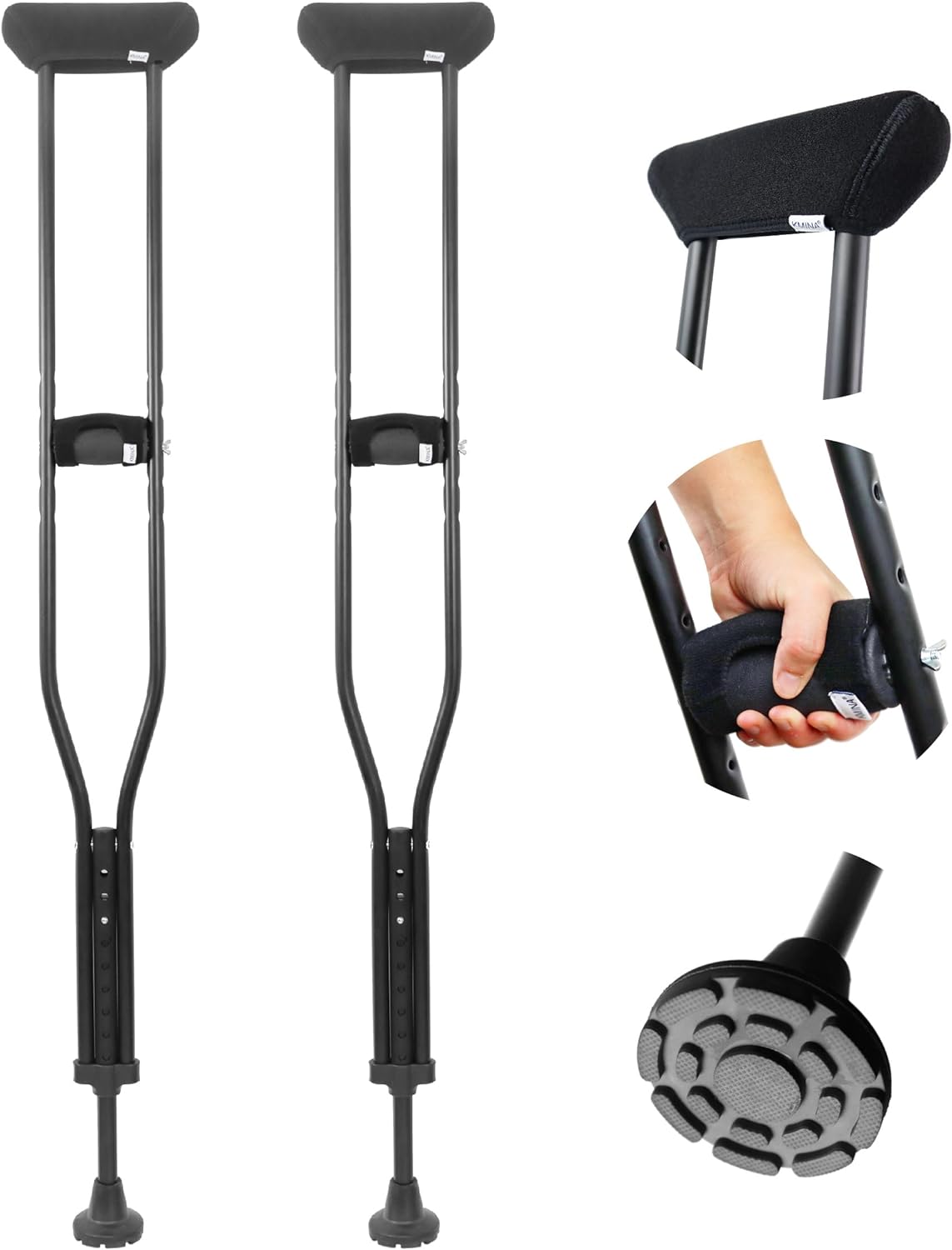 KMINA Underarm Crutches for Adults with Padded Handle (x2 Units, Size M), Height Adjustable, Women and Men, Aluminium, Made in Europe